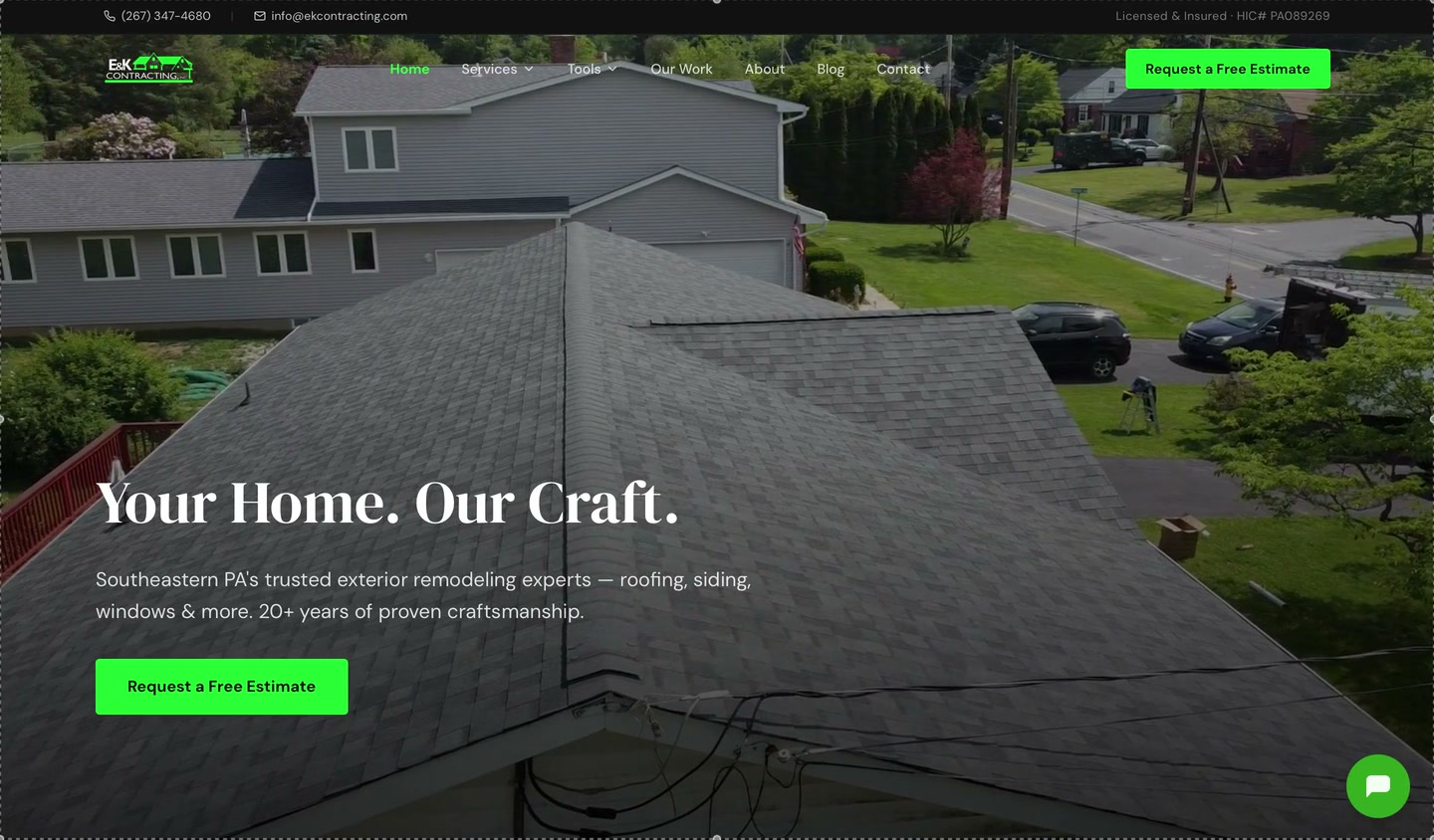 The deployed E&K Contracting website homepage